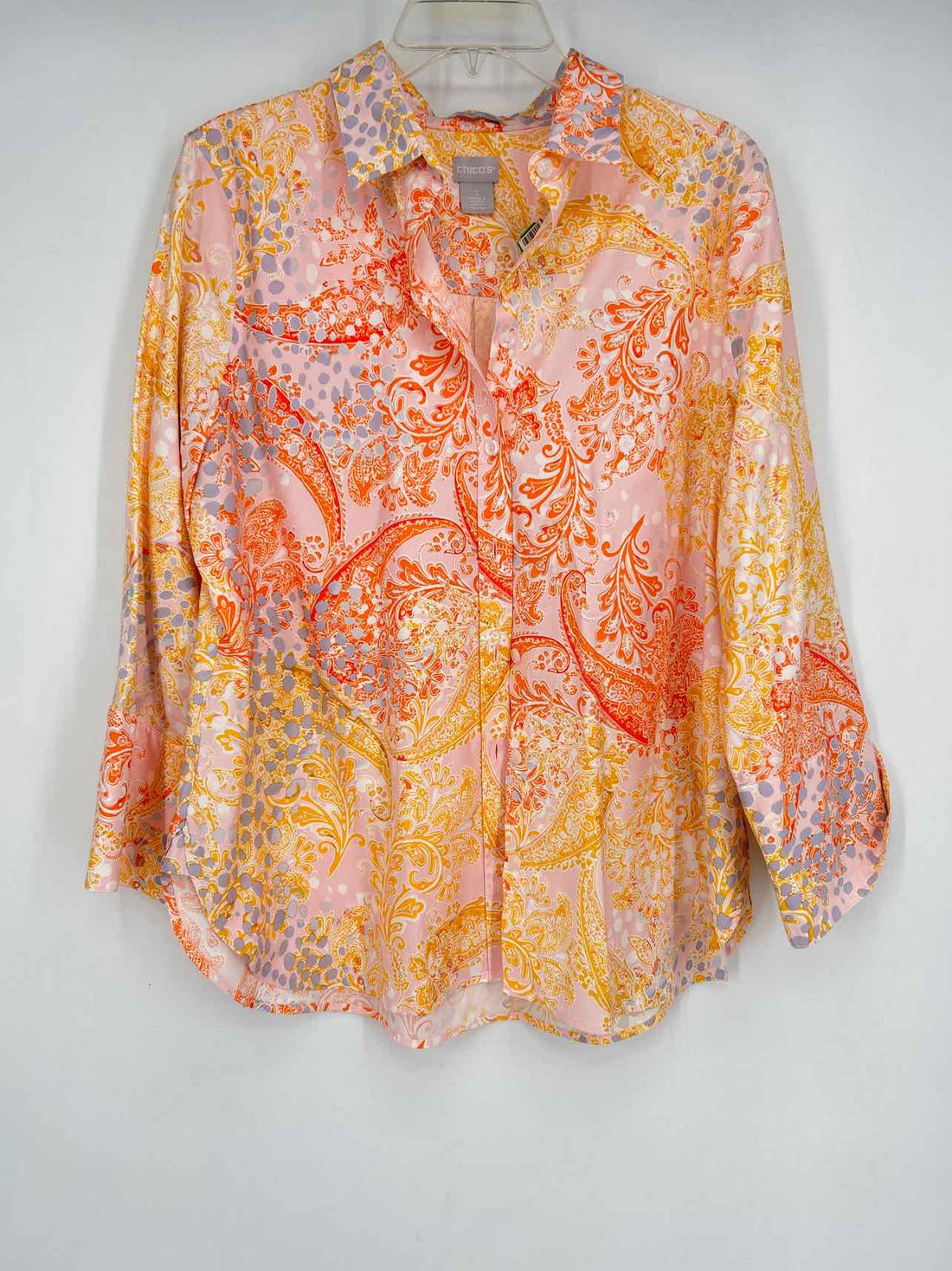 Chicos Size 2 (12) Light Pink & Yellow Print Long Sleeve