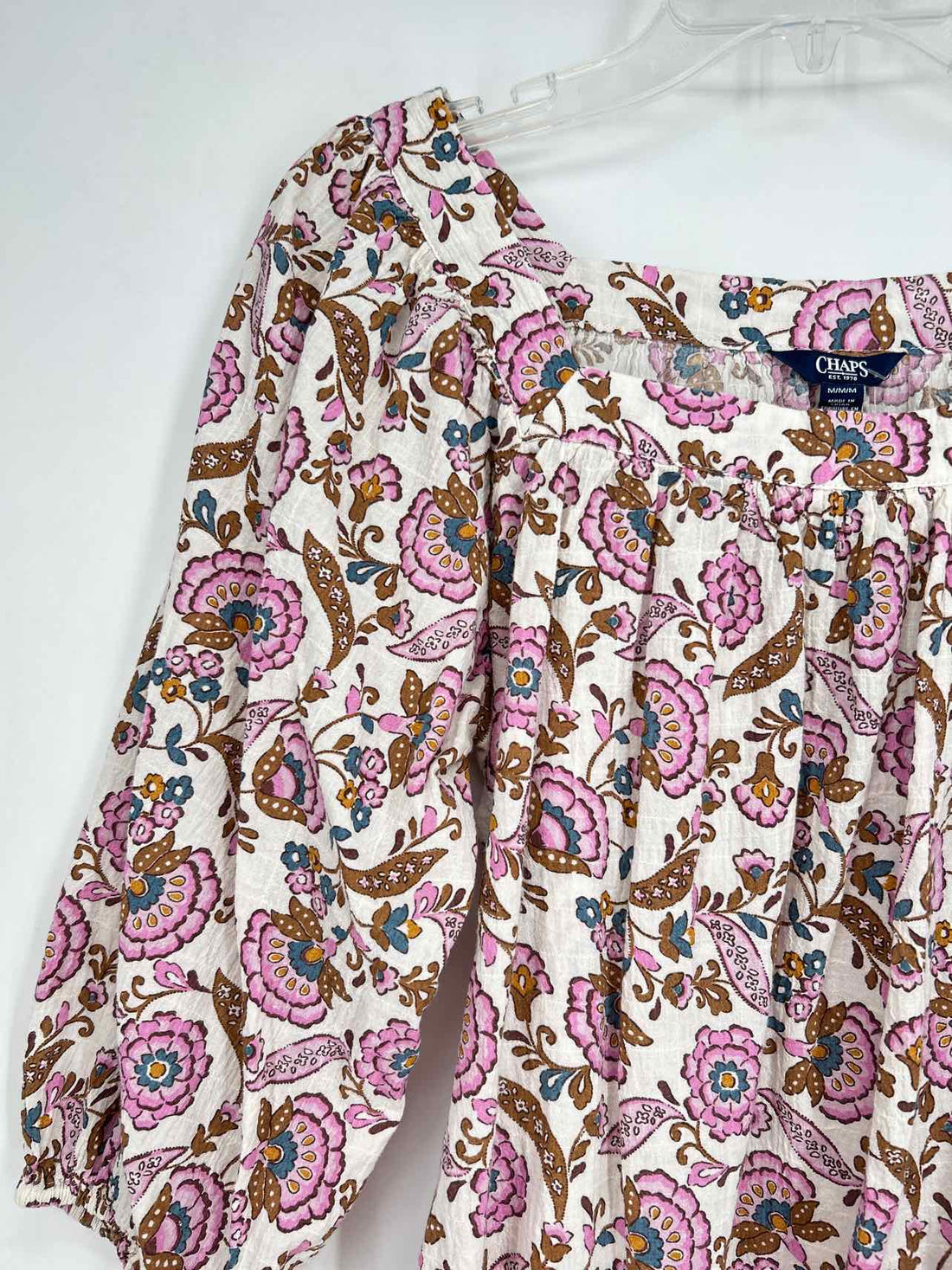 Chaps Size M White Brown & Purple Floral Long Sleeve
