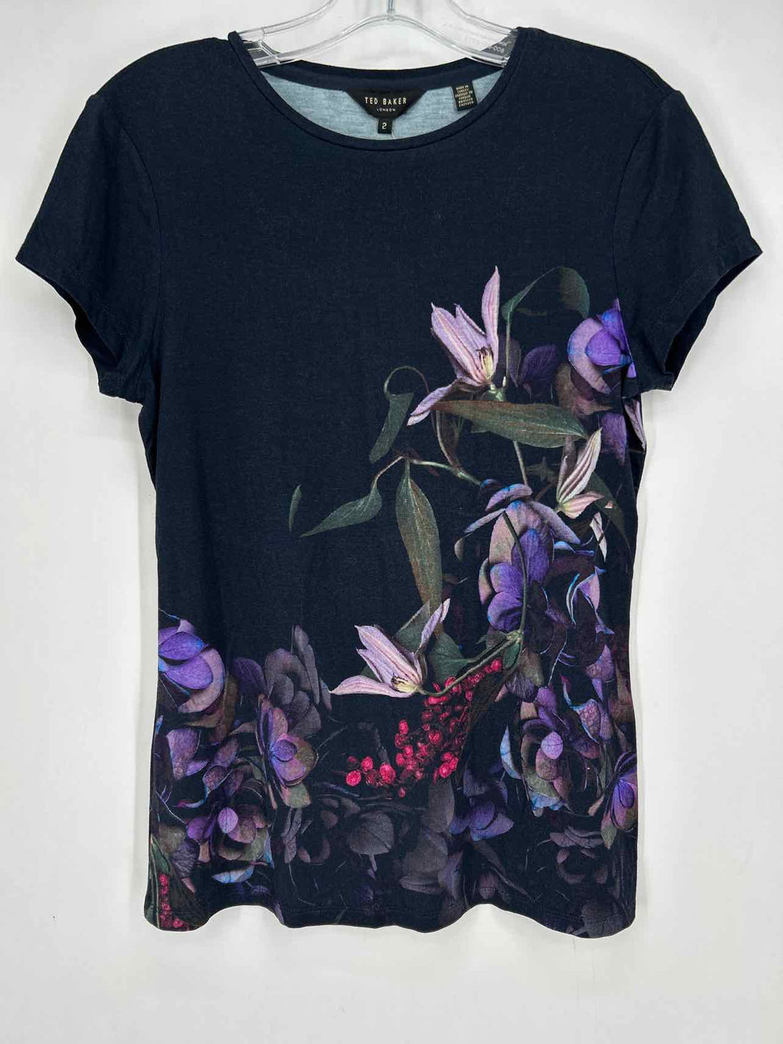 Ted Baker Size 2 Dark Navy Floral Short Sleeve
