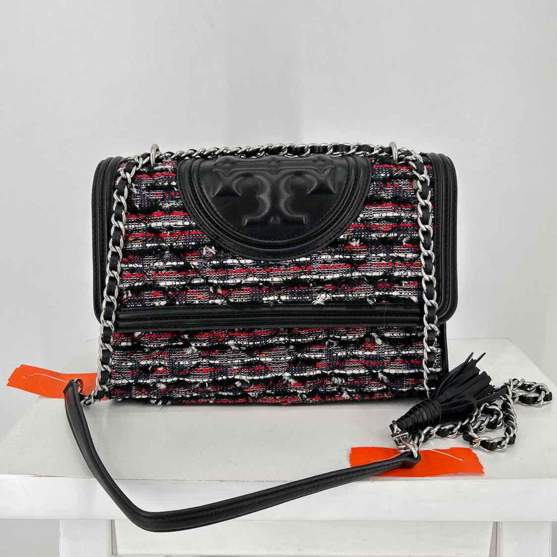 Tory Burch Fleming Tweed Covertible Black Leather Shoulder