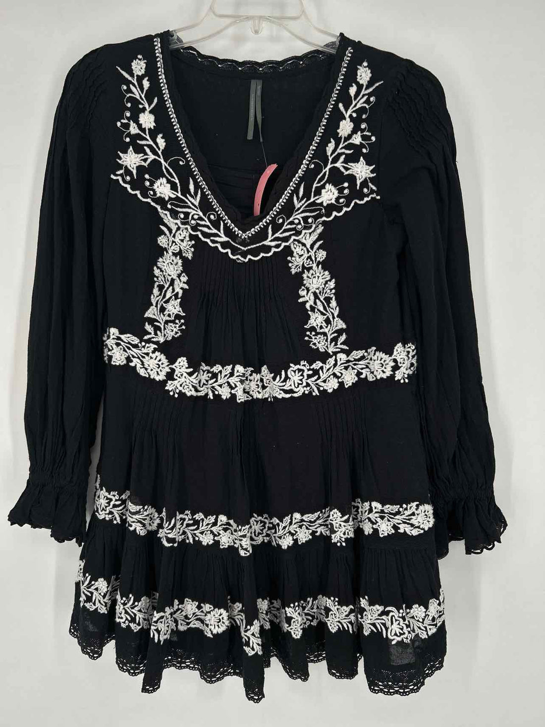 By Anthropologie Size M Dark Navy & White Embroidered Long Sleeve Dress