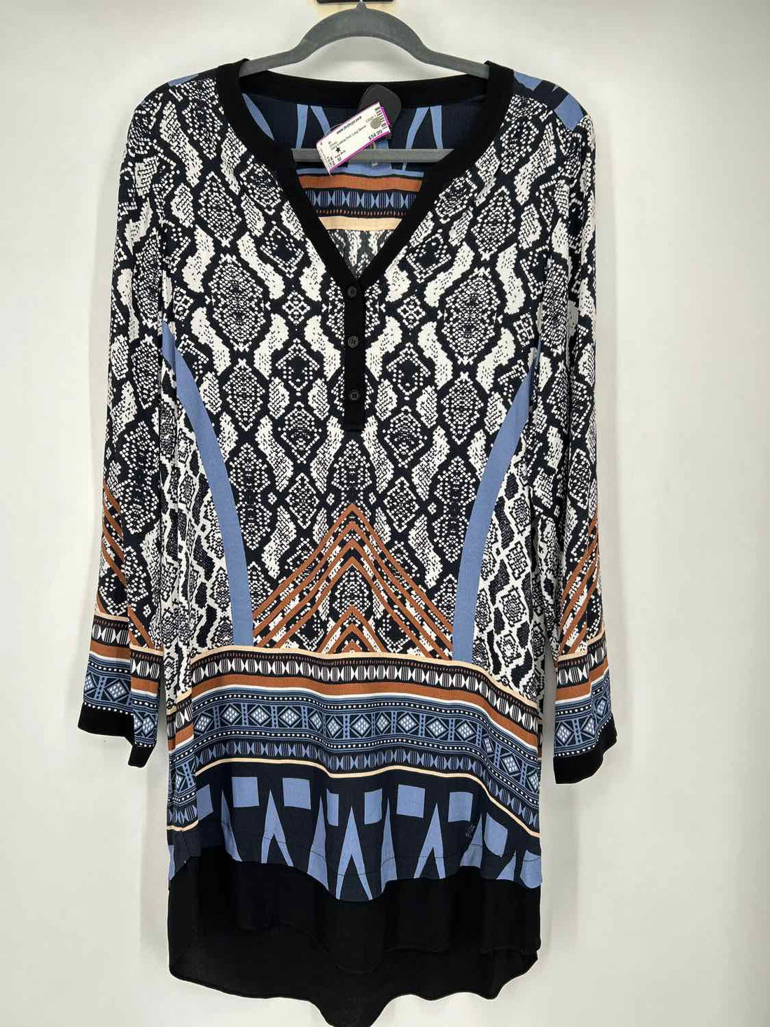 Hale Bob Size M Navy & White Print Long Sleeve Dress