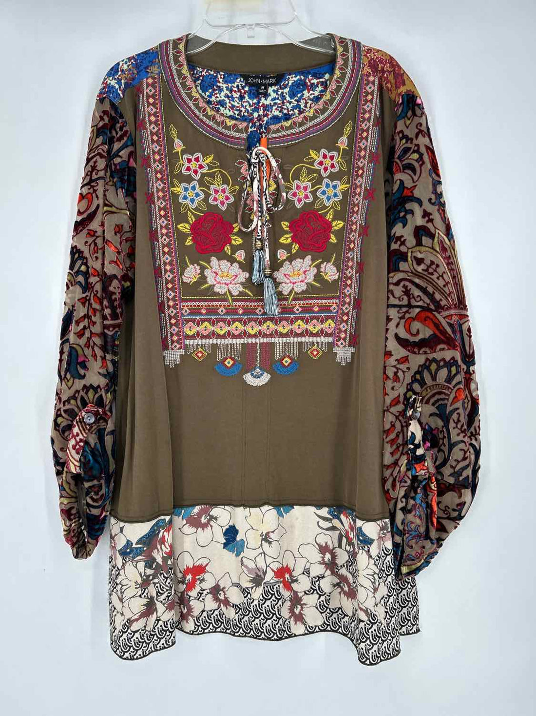 John Mark Size M Olive Green Embroidered Long Sleeve Long Sleeve
