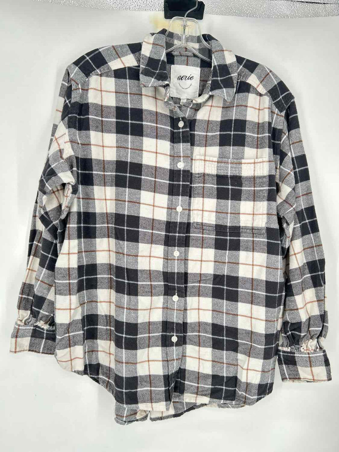 Aerie Size XS White & Dark Gray Plaid Long Sleeve