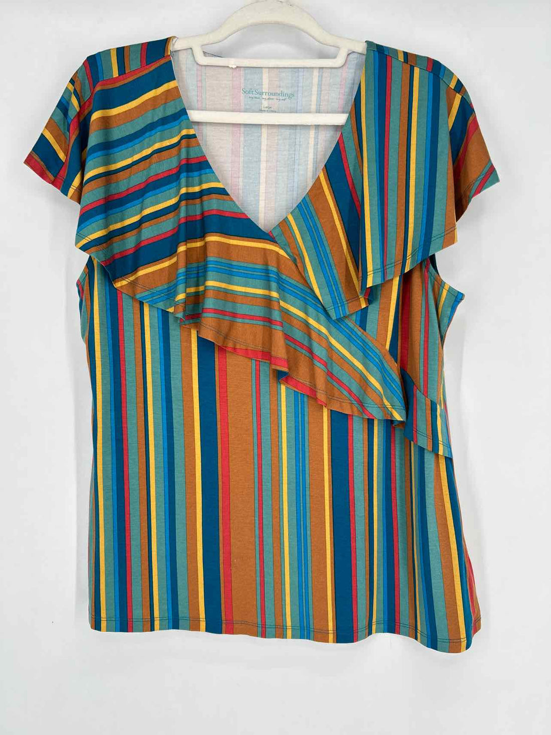 Soft Surroundings Size L Green Multi Color Striped Short Sleeve