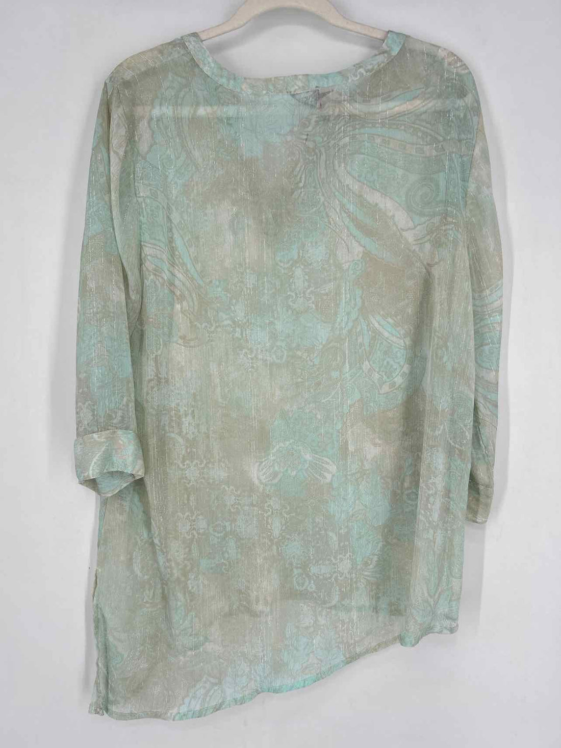 Chicos Size 2/L Pale Light Blue Print Sheer Long Sleeve