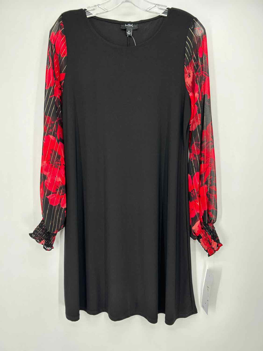 MSK Size M Black & Red Floral Shimmer Long Sleeve Dress