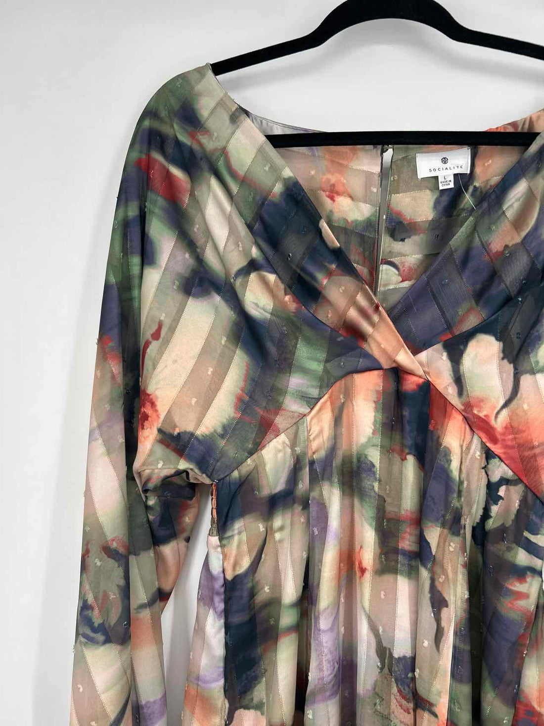 Socialite Size L Green & Navy Print Long Sleeve Maxi