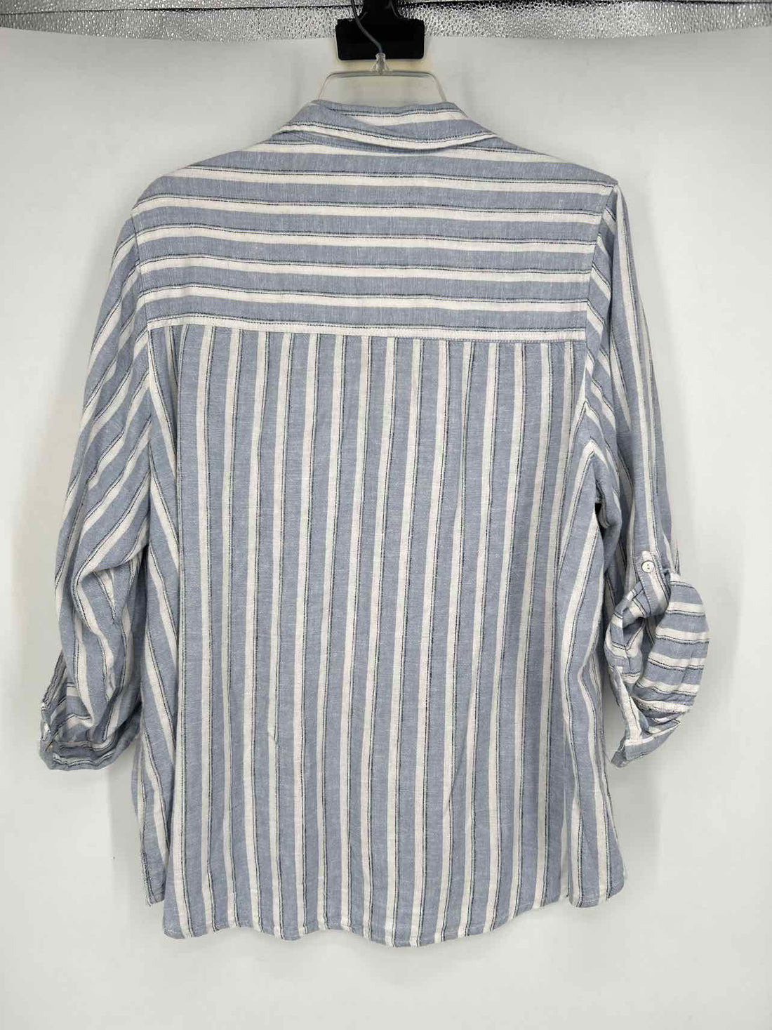 Nicole Miller Size 1X Blue & White Striped Linen Blend Long Sleeve Top/Blouse