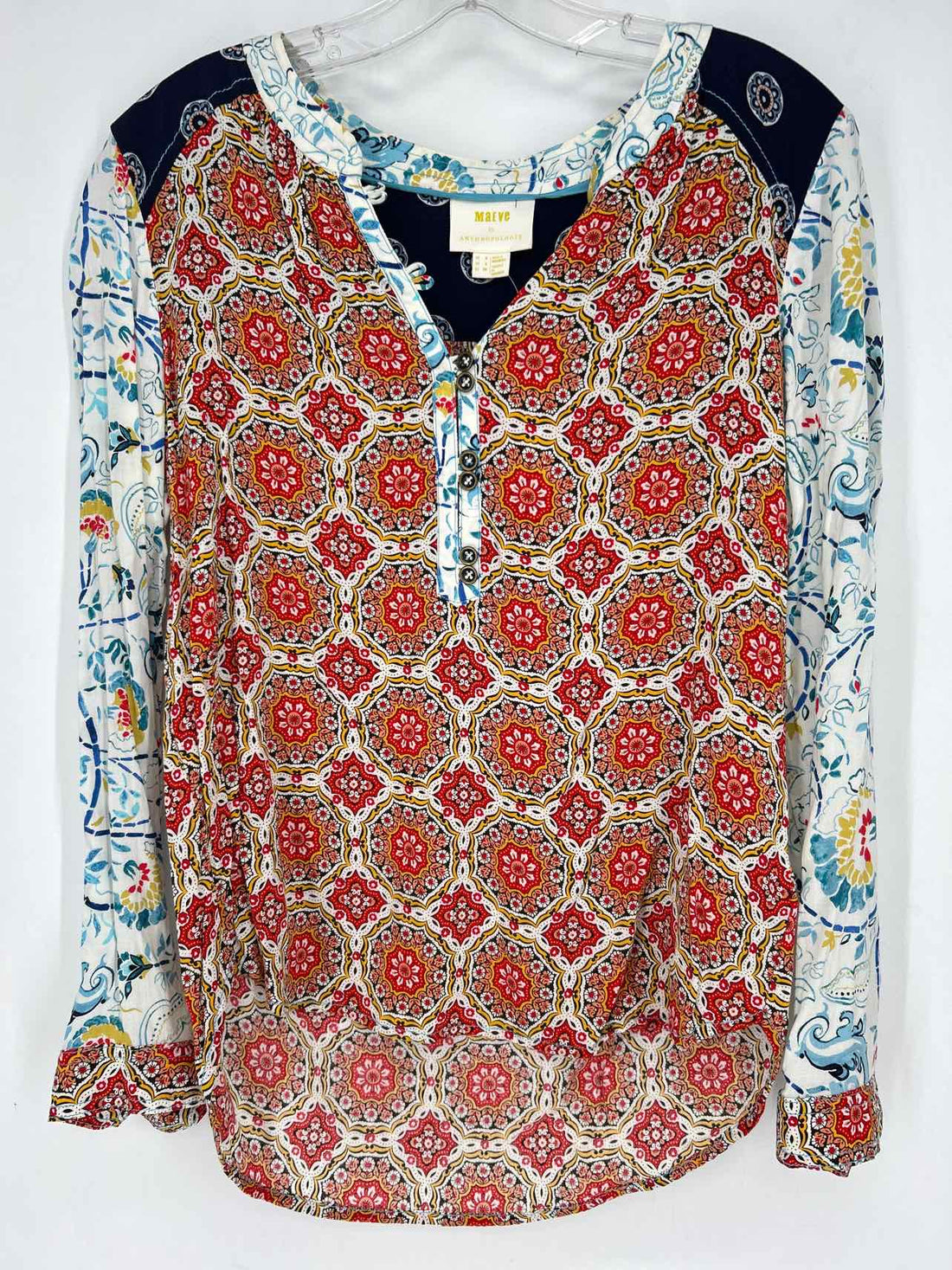 Maeve Size 4 Navy & Red Print Long Sleeve
