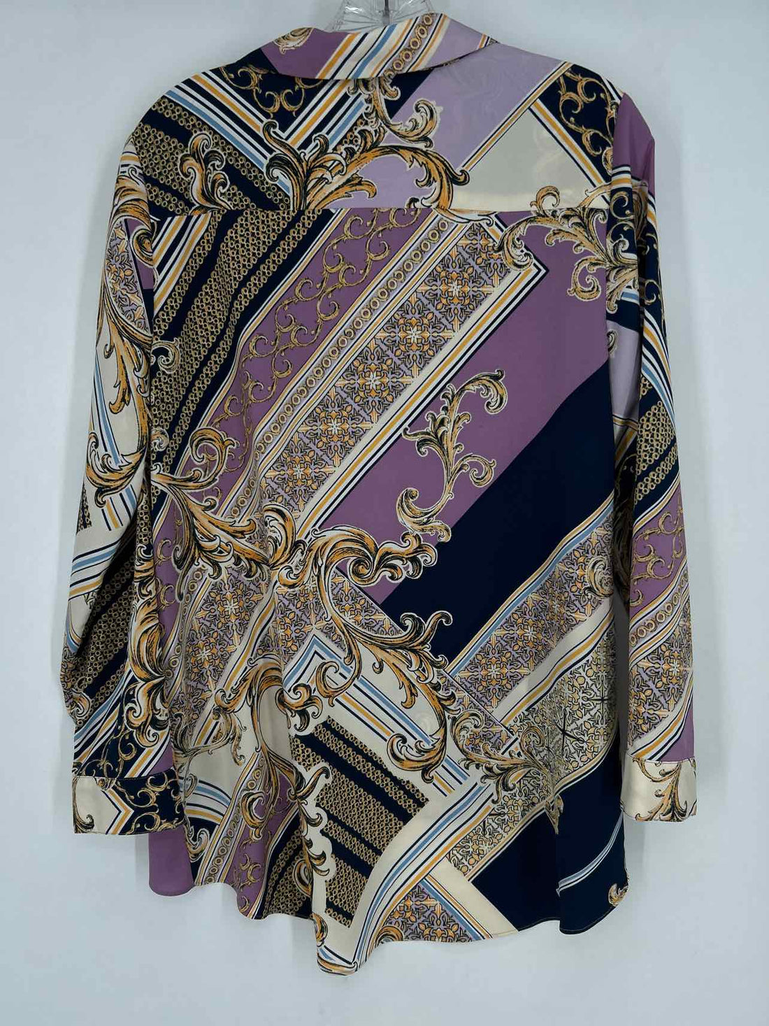 Chicos Size 1/M White Navy & Purple Print Long Sleeve