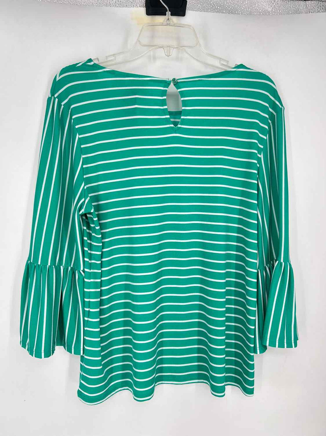 Chicos Size 1(M) Green & White Stripe Long Sleeve