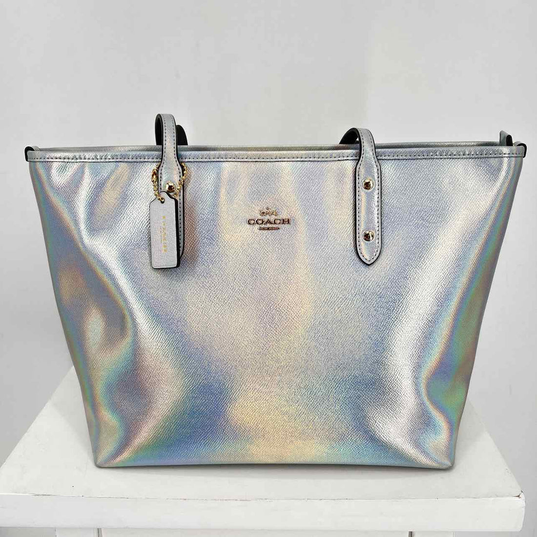 Coach RARE Silver Hologram Rainbow Holographic Genuine Leather NWT City Tote