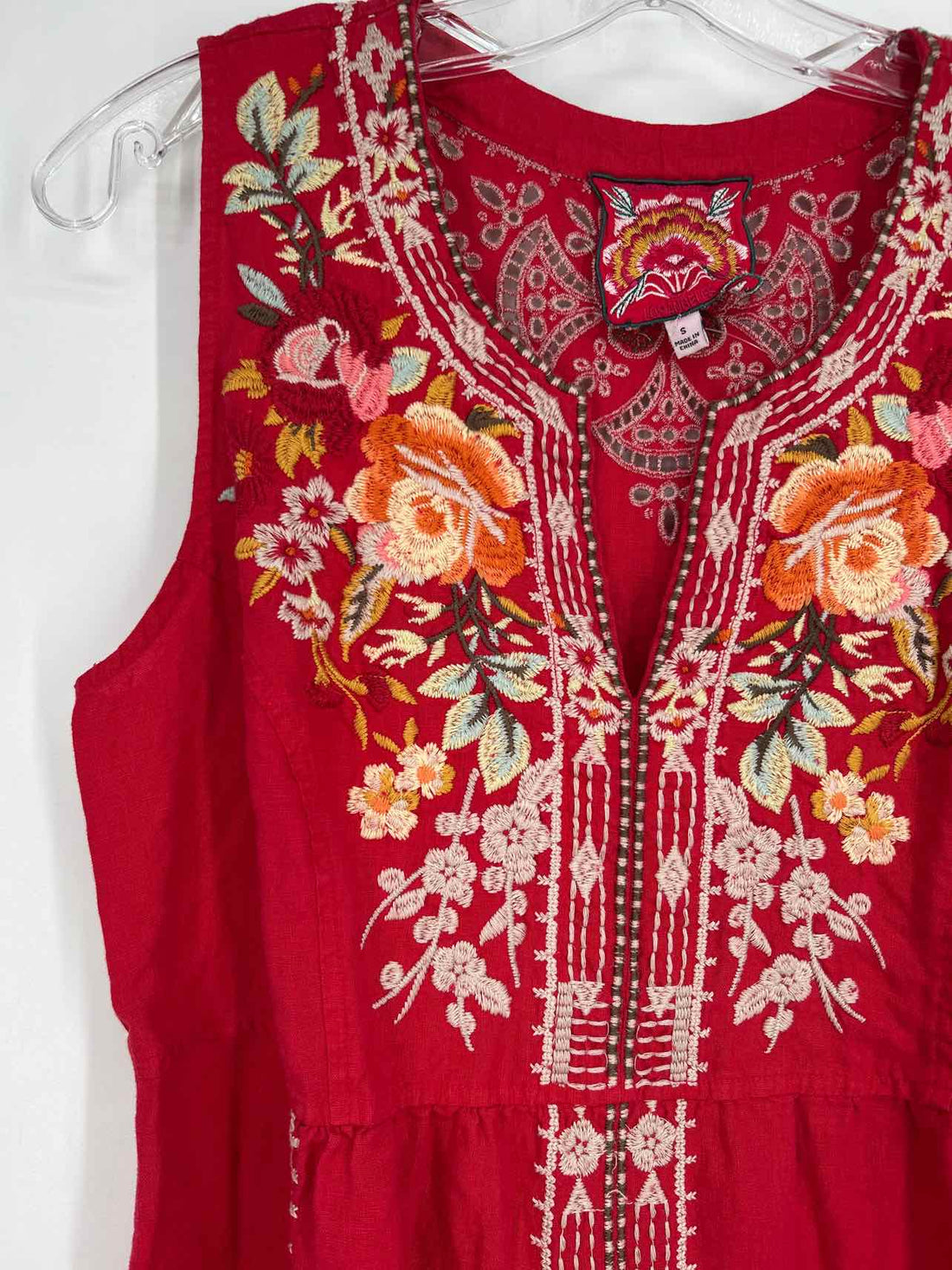 Johnny Was Size S Red Embroidery Linen Sleeveless Dress
