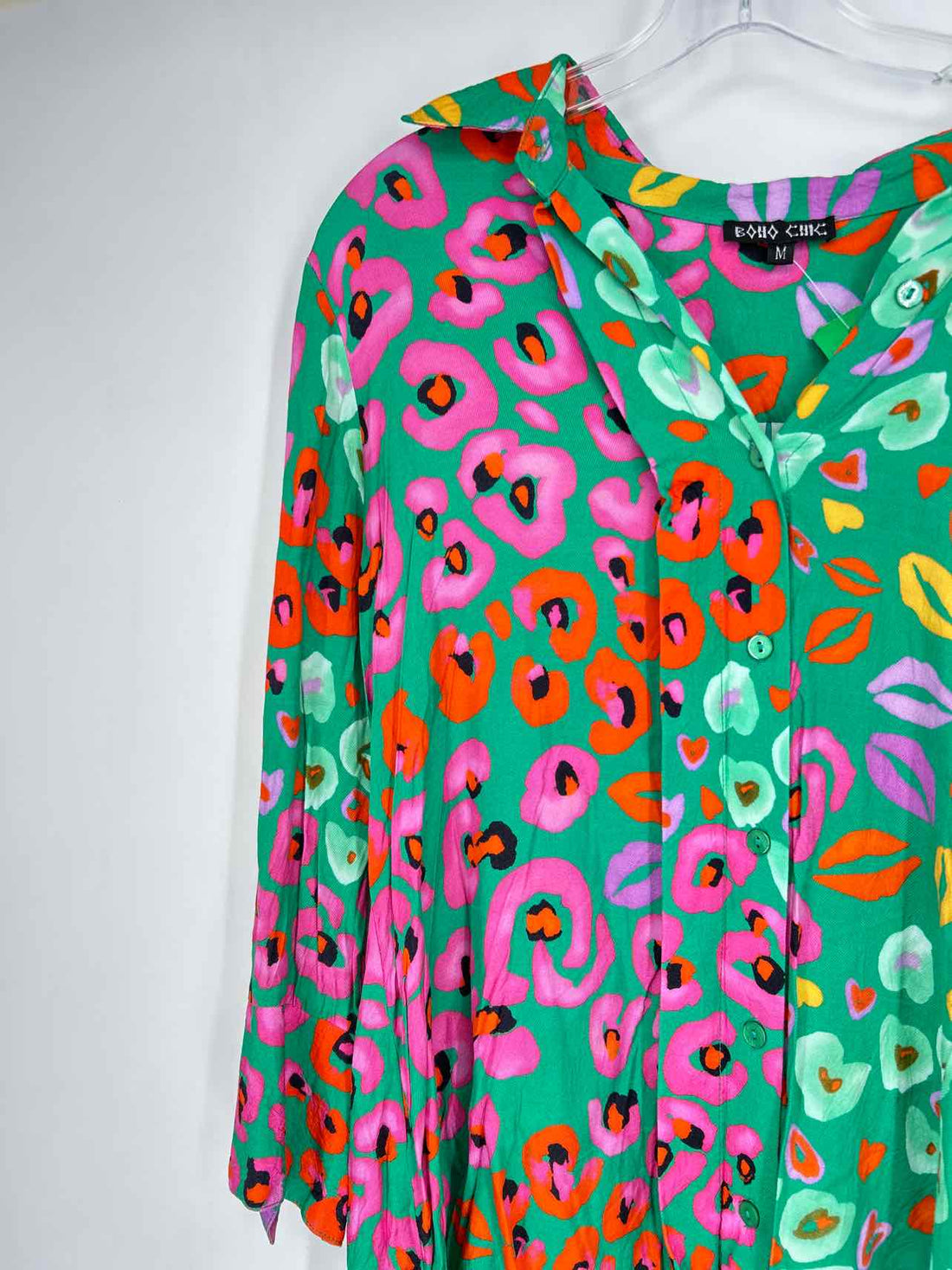 Boho Chic Size M Green Print Long Sleeve