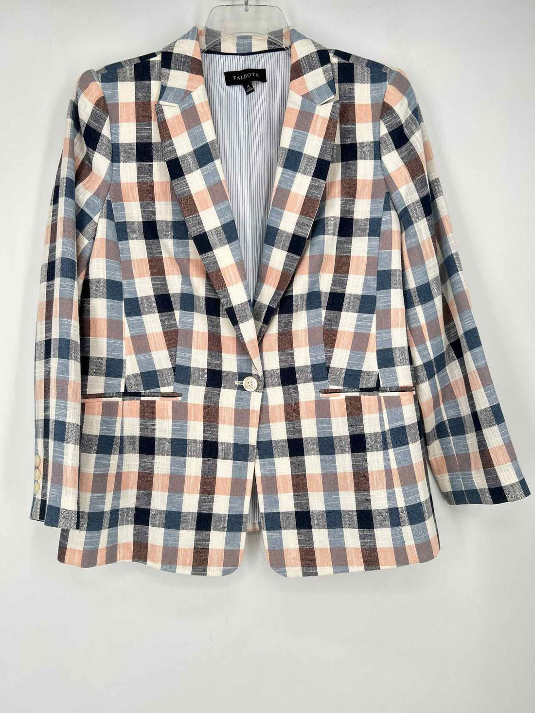 Talbots Size 14 White & Navy Plaid Cotton Blend Blazer