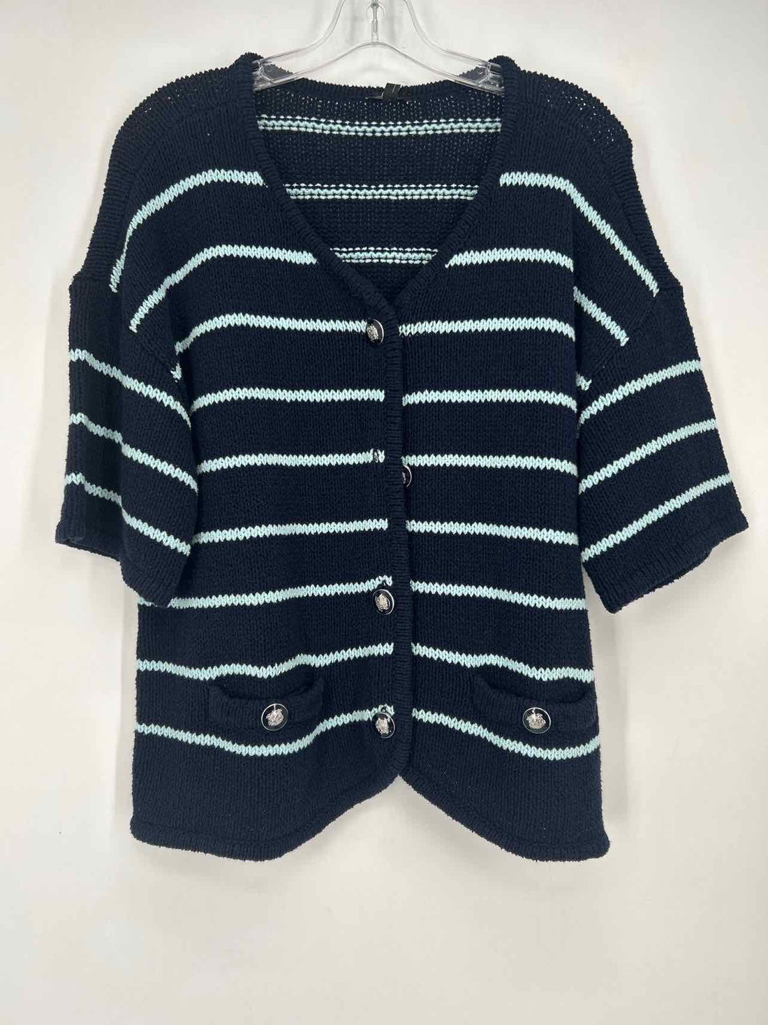 Talbots Size L Navy & aqua striped Short Sleeve