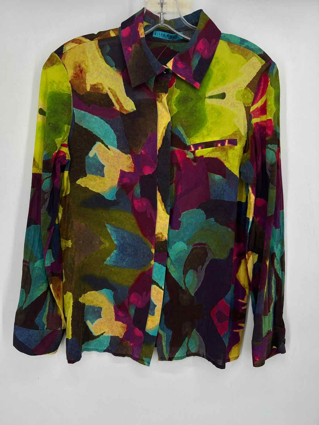 Alice + Olivia Size S Green & Purple Multi Silk Blend Long Sleeve