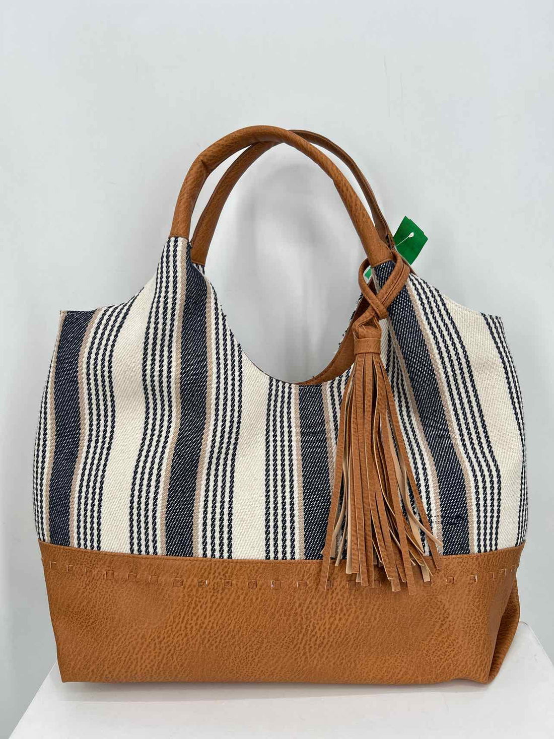 Bueno White & Navy Striped Faux Leather & Canvas Excellent Condition Tote