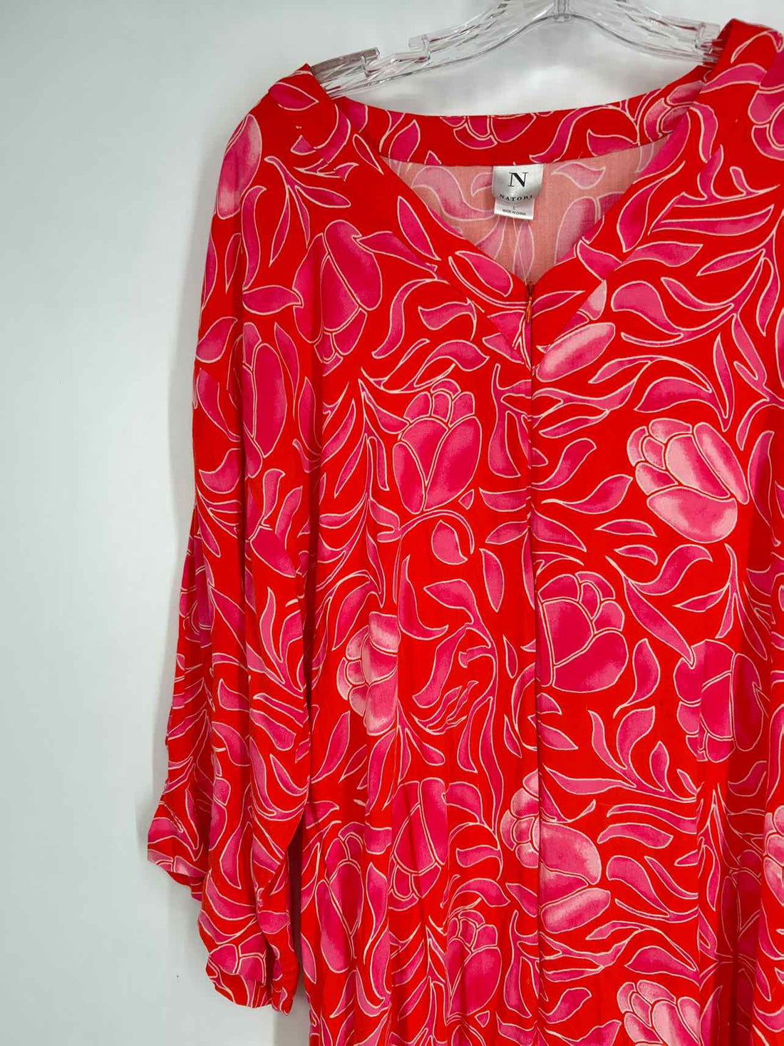 Natori Size L Red & Pink Print Long Sleeve Dress