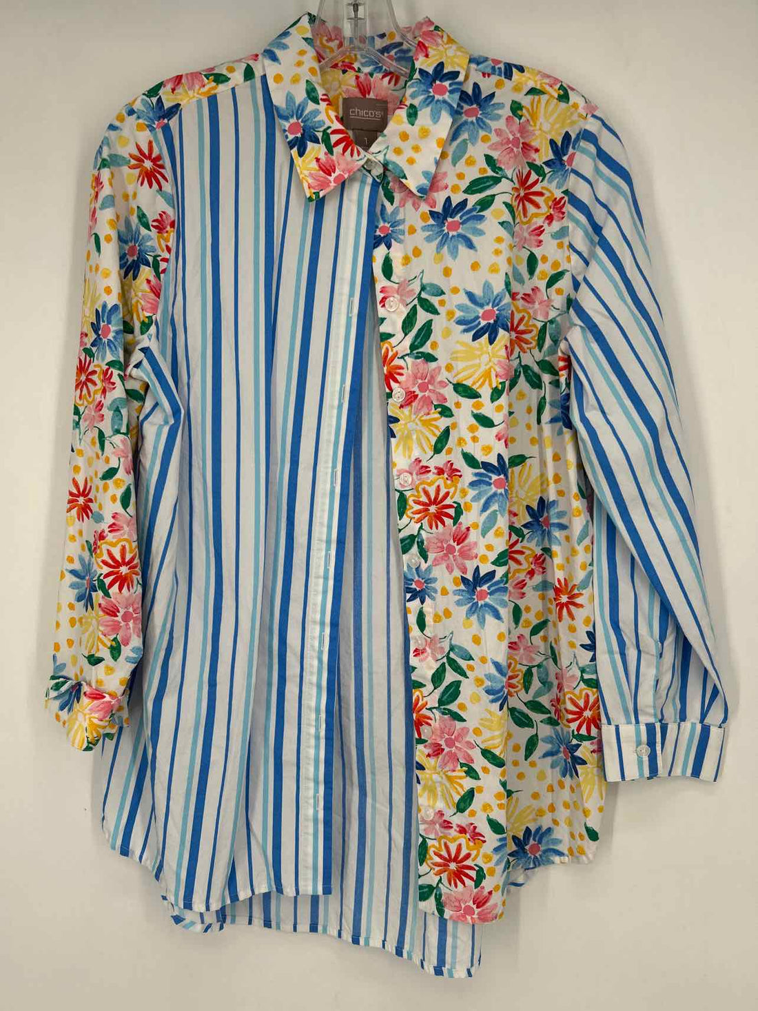 Chicos Size 1/M White Floral & Striped Long Sleeve