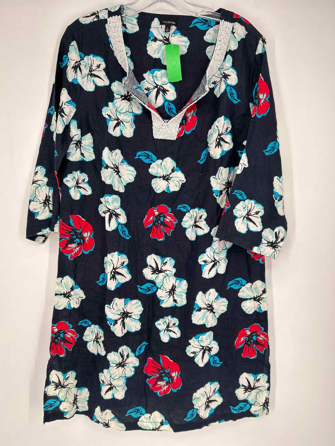 Talbots Size L Navy Print Beaded Long Sleeve Dress