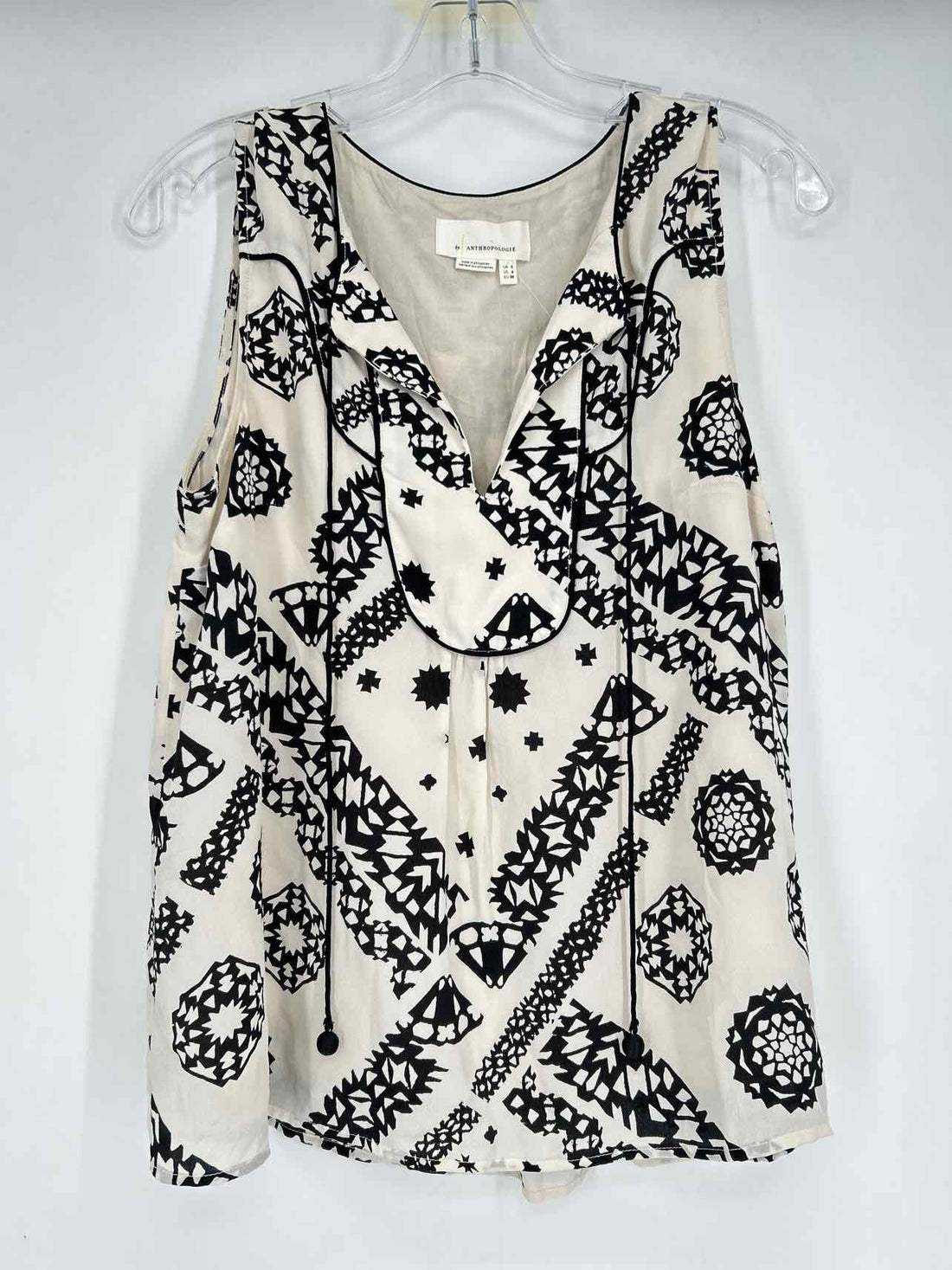 By Anthropologie Size 4 Cream & Black Print Sleeveless