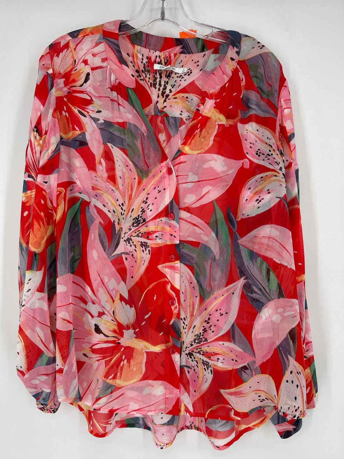 Chicos Size 2 (L) Pink & Red Print Long Sleeve