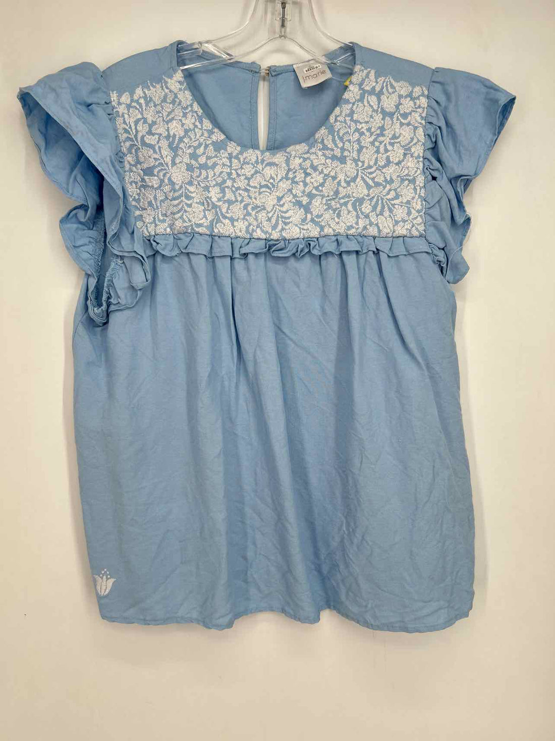 J. Marie Size L Light Blue & White Embroidered Short Sleeve