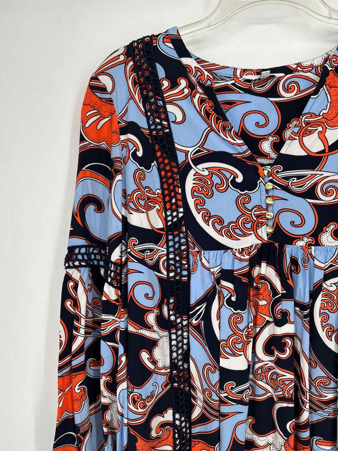 Crown & Ivy Size M Navy & Orange Print Long Sleeve Dress