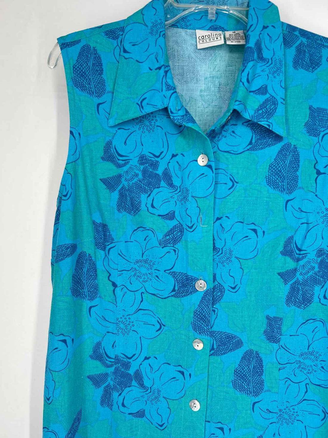 Carolina Colours Size 18 Blue Floral Linen/Rayon Sleeveless Dress