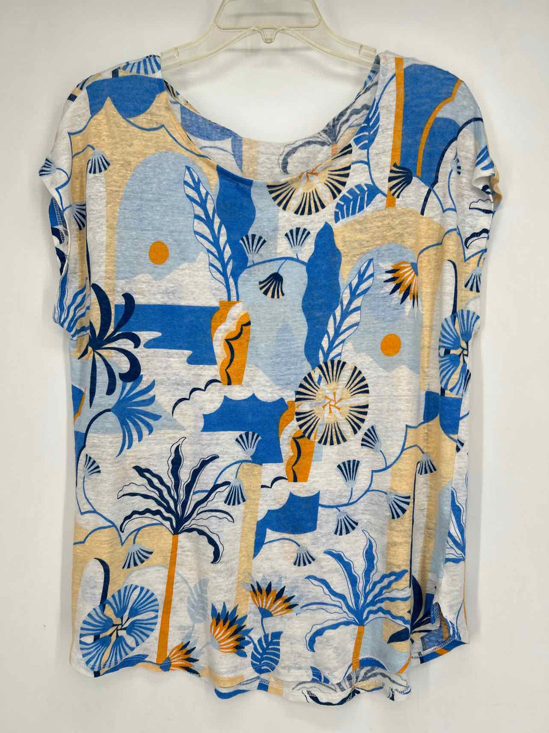Nicole Miller Size XL Blue & White Print Linen Short Sleeve
