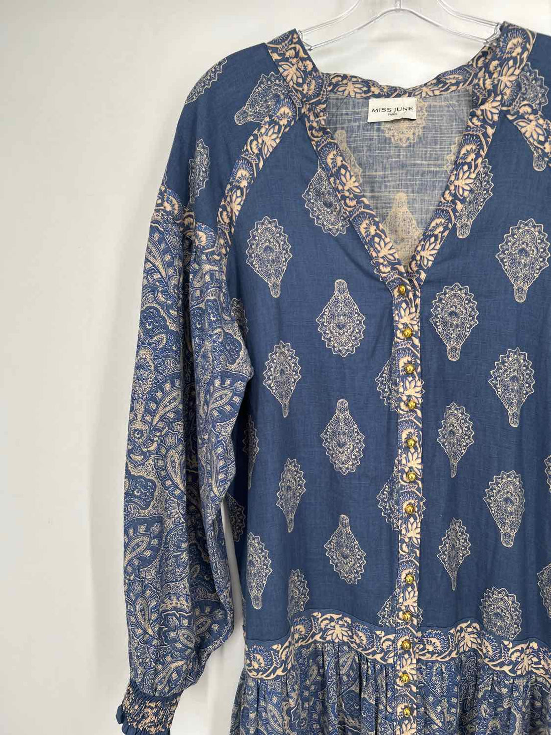 Miss June Size One Size Blue & Cream Print Long Sleeve Maxi
