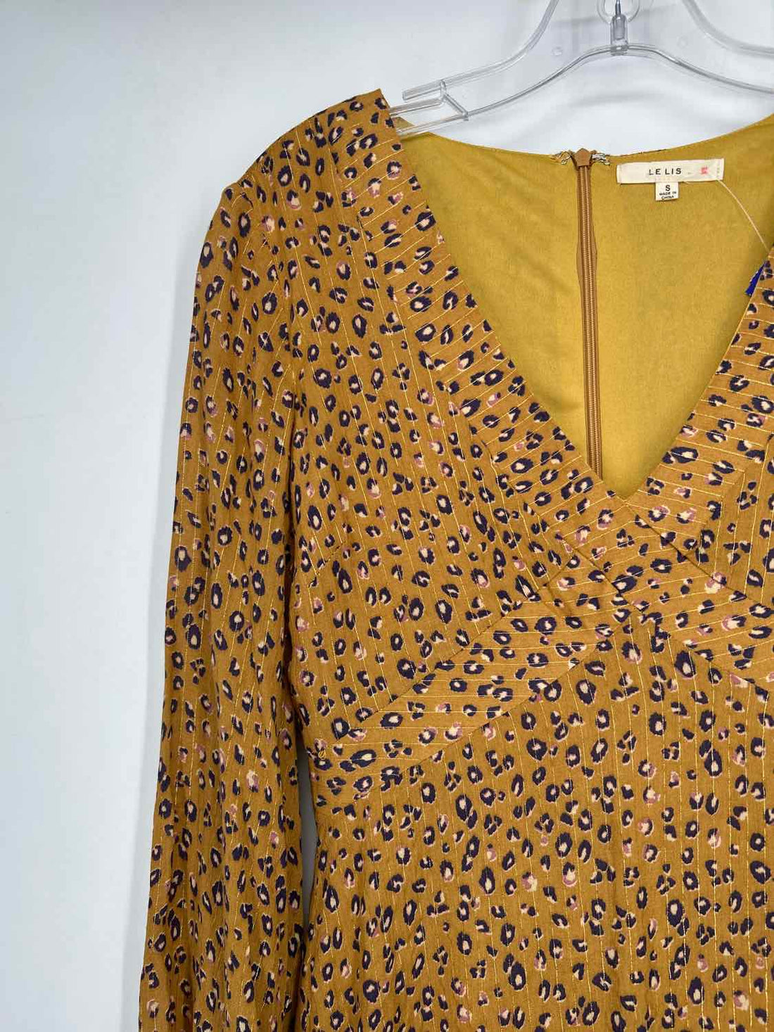 Le Lis Size S Mustard & Purple Print Shimmer Long Sleeve Dress