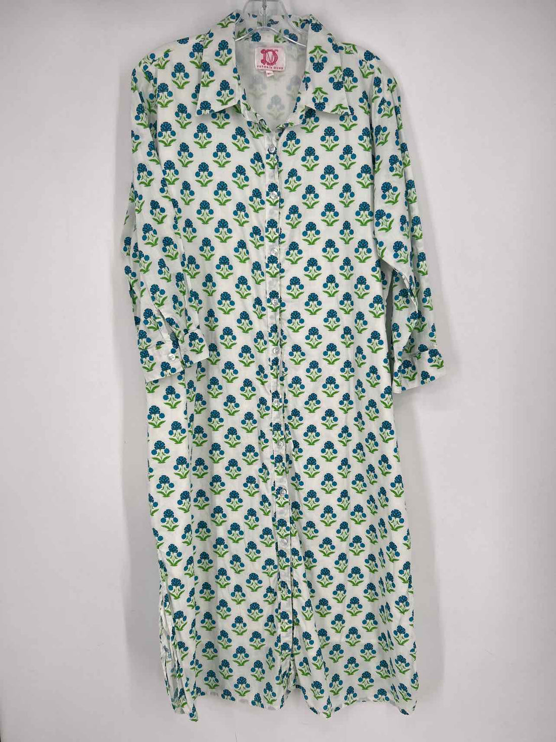 Victoria Dunn Size XL White Blue & Green Floral Long Sleeve Dress