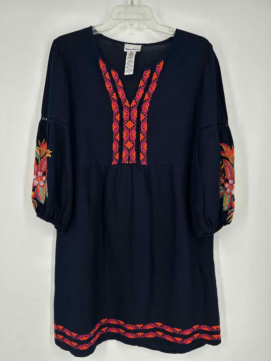 Tommy Bahama Size S Navy Embroidered Linen/Viscose Long Sleeve Dress