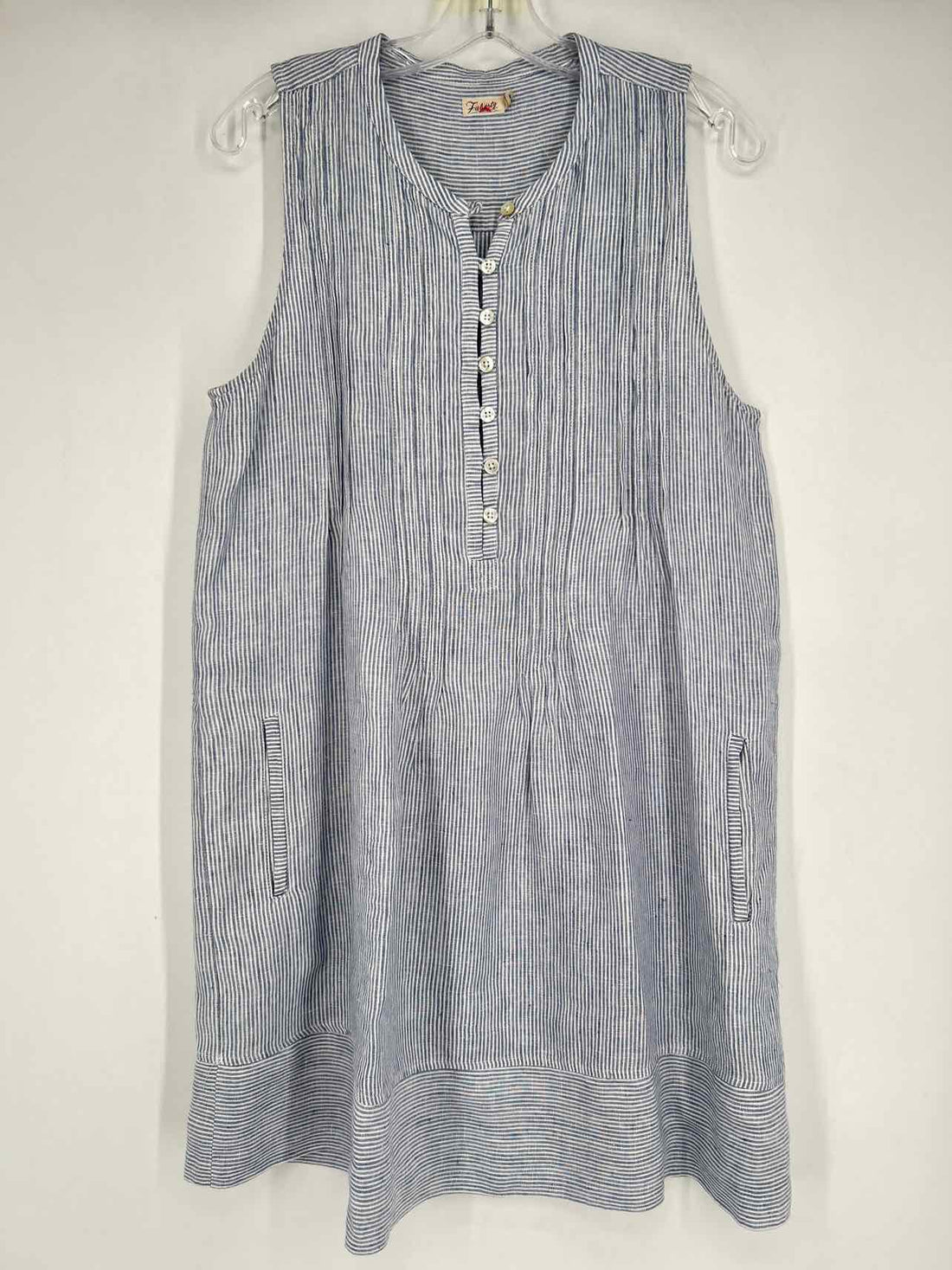 Faherty Size M Blue & White Striped Linen Sleeveless Dress