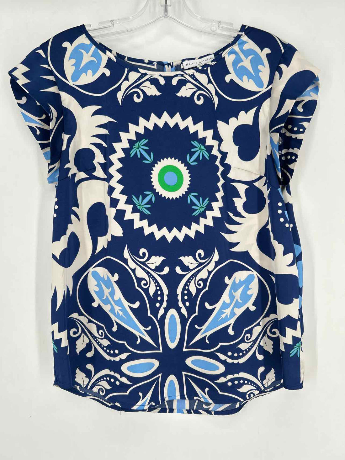 Maison D'Amelie Size S Navy & White Print Short Sleeve