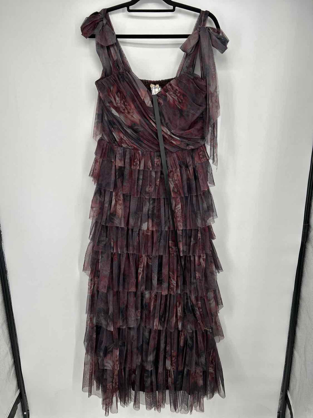 Lace & Beads Size L Gray & Maroon Floral Tulle Tie Straps Maxi