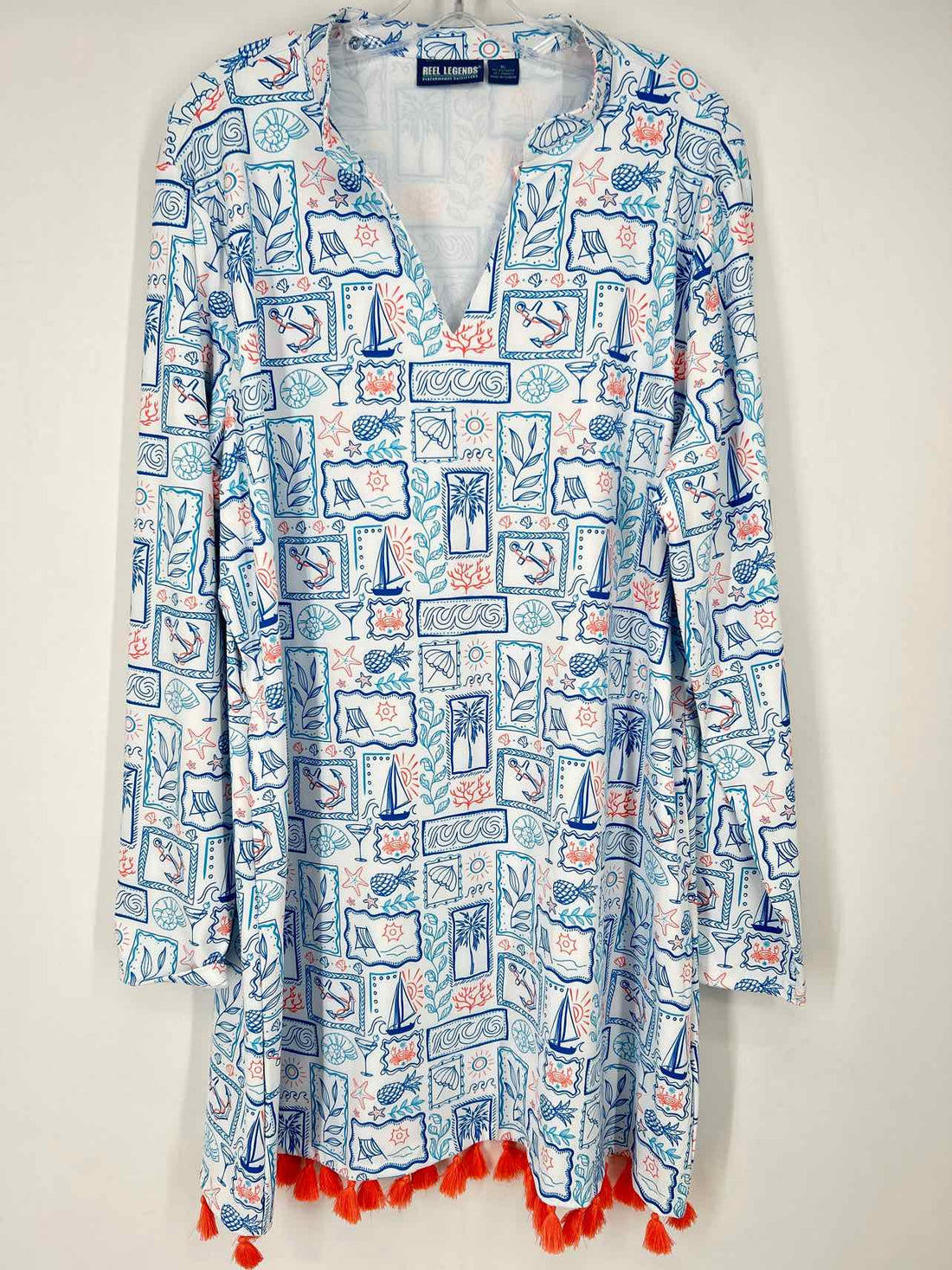 Reel Legends Size L White & Blue Print Long Sleeve Dress