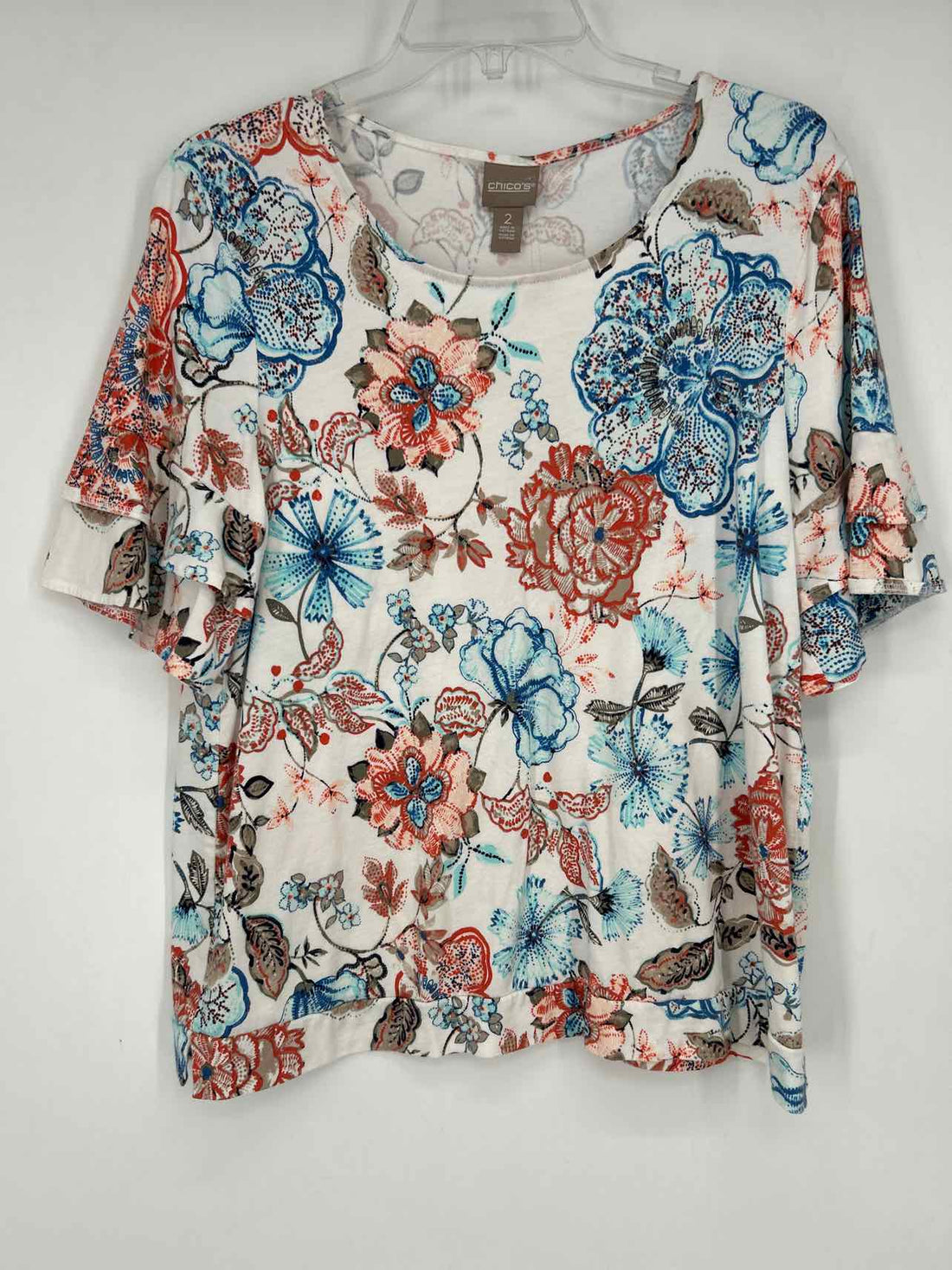 Chicos Size 2/M White Floral Short Sleeve