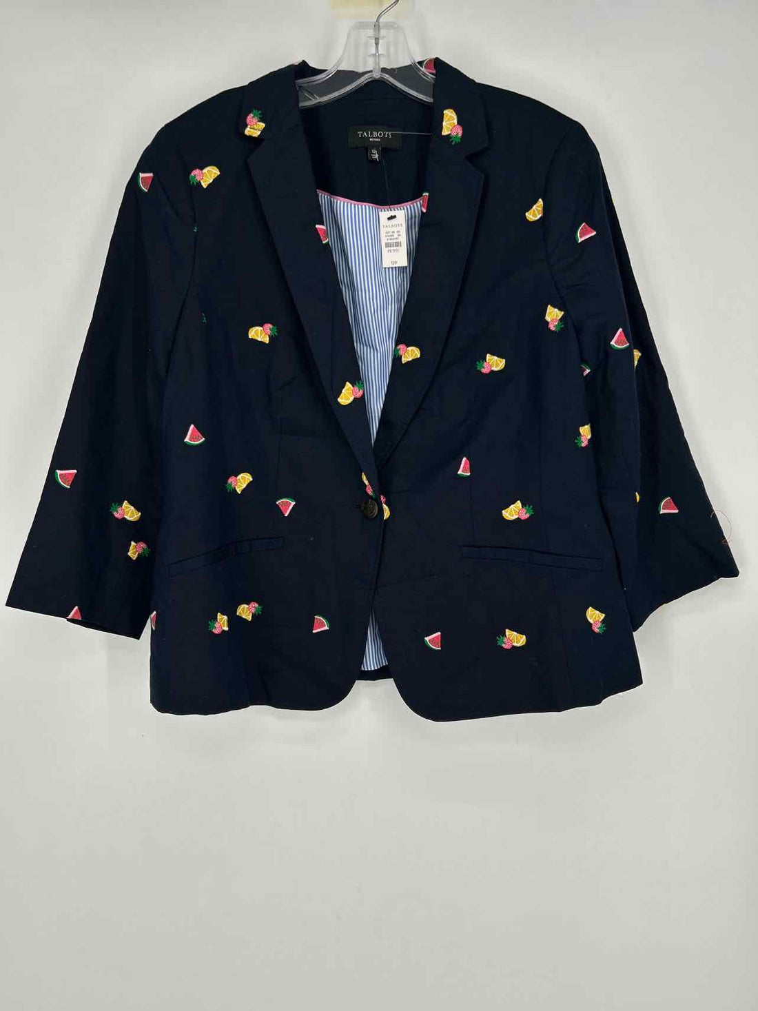 Talbots Size 12P Navy Print Embroidered NWT Blazer