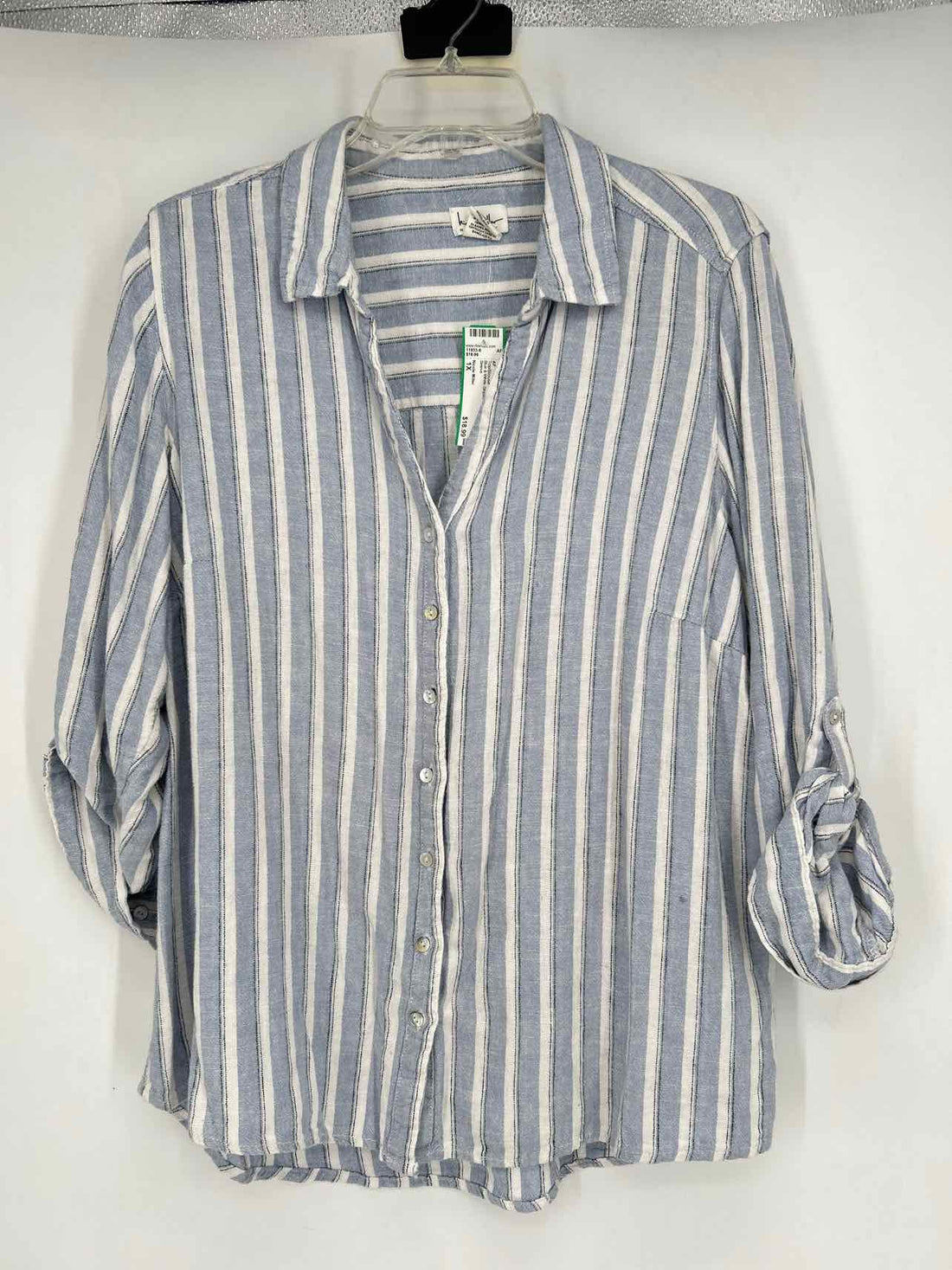 Nicole Miller Size 1X Blue & White Striped Linen Blend Long Sleeve Top/Blouse