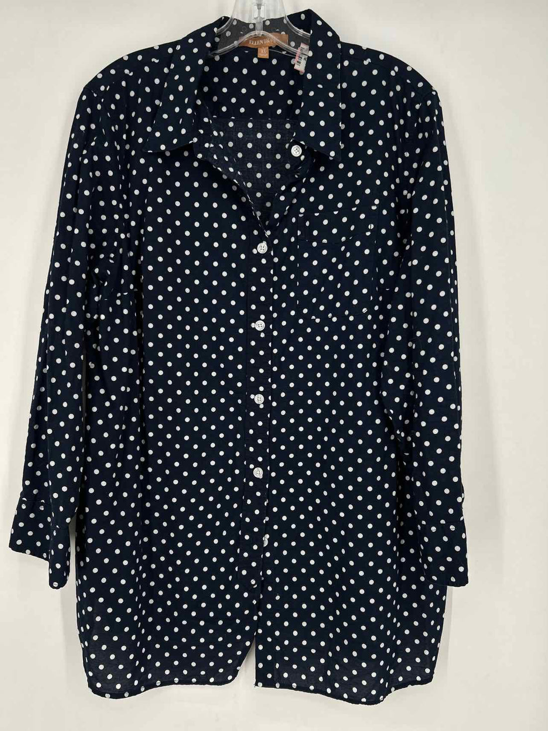 Ellen Tracy Size 1X Navy Polkadot Long Sleeve Top/Blouse