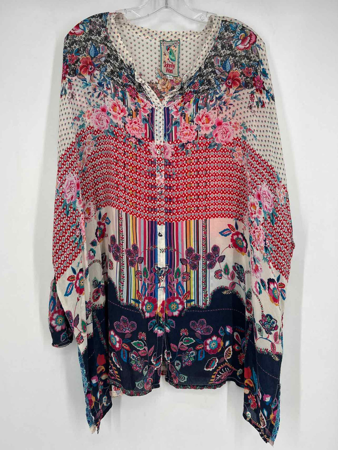 Johnny Was Size 1X White Multi Color Floral Cupra Rayon Long Sleeve Top/Blouse