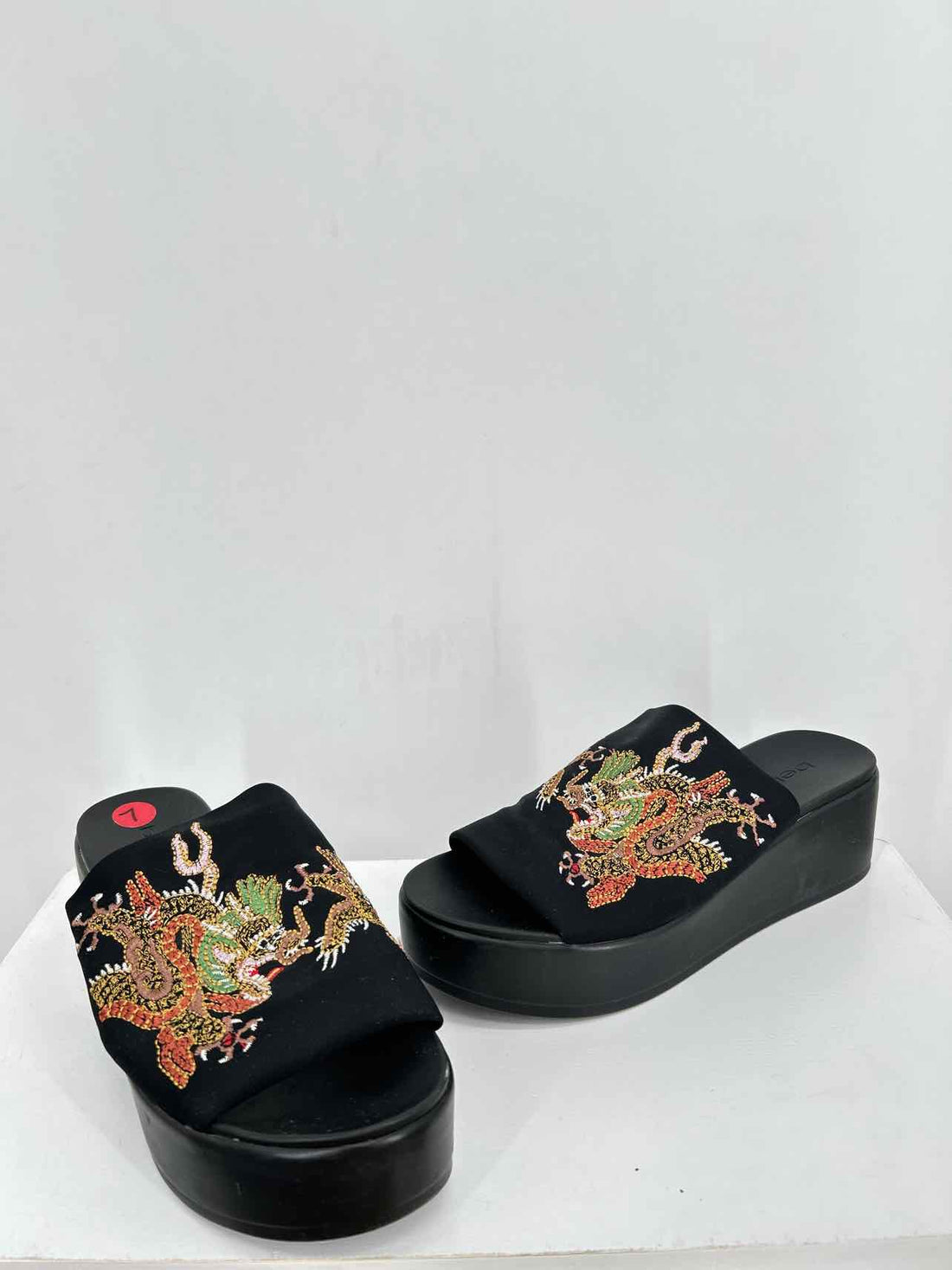 Bebe Women Size 7 Black Embroidered Platforms