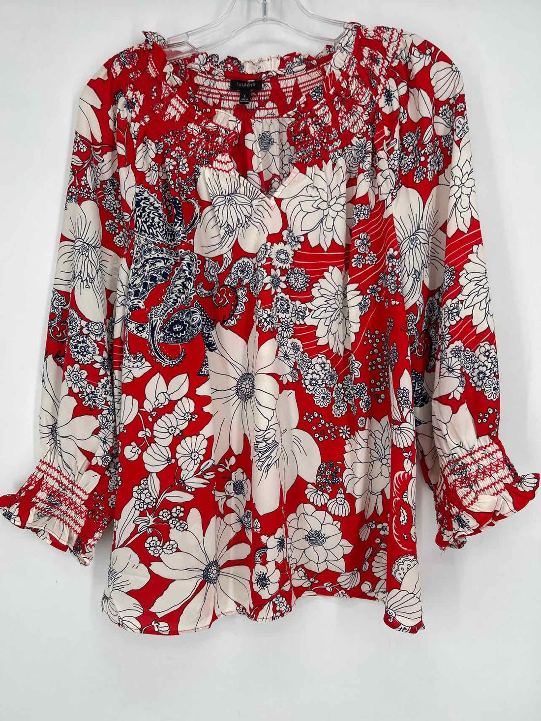 Talbots Size L Red White & Navy Floral Long Sleeve