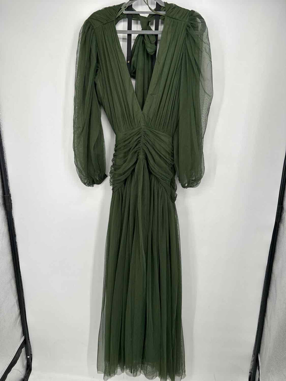Lace & Beads Size L Dark Green Tulle Long Sleeve Maxi