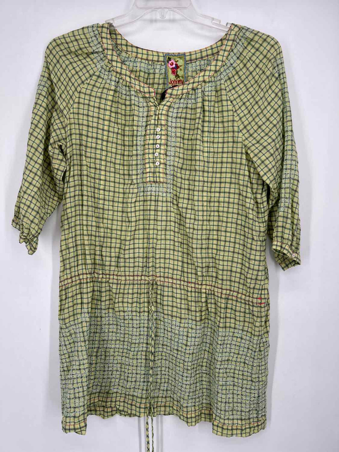 Johnny Was Size S Light Green & Navy Plaid Cotton Blend Long Sleeve Dress