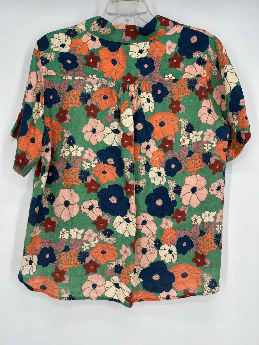 Trovata Size L Green Floral Linen Short Sleeve